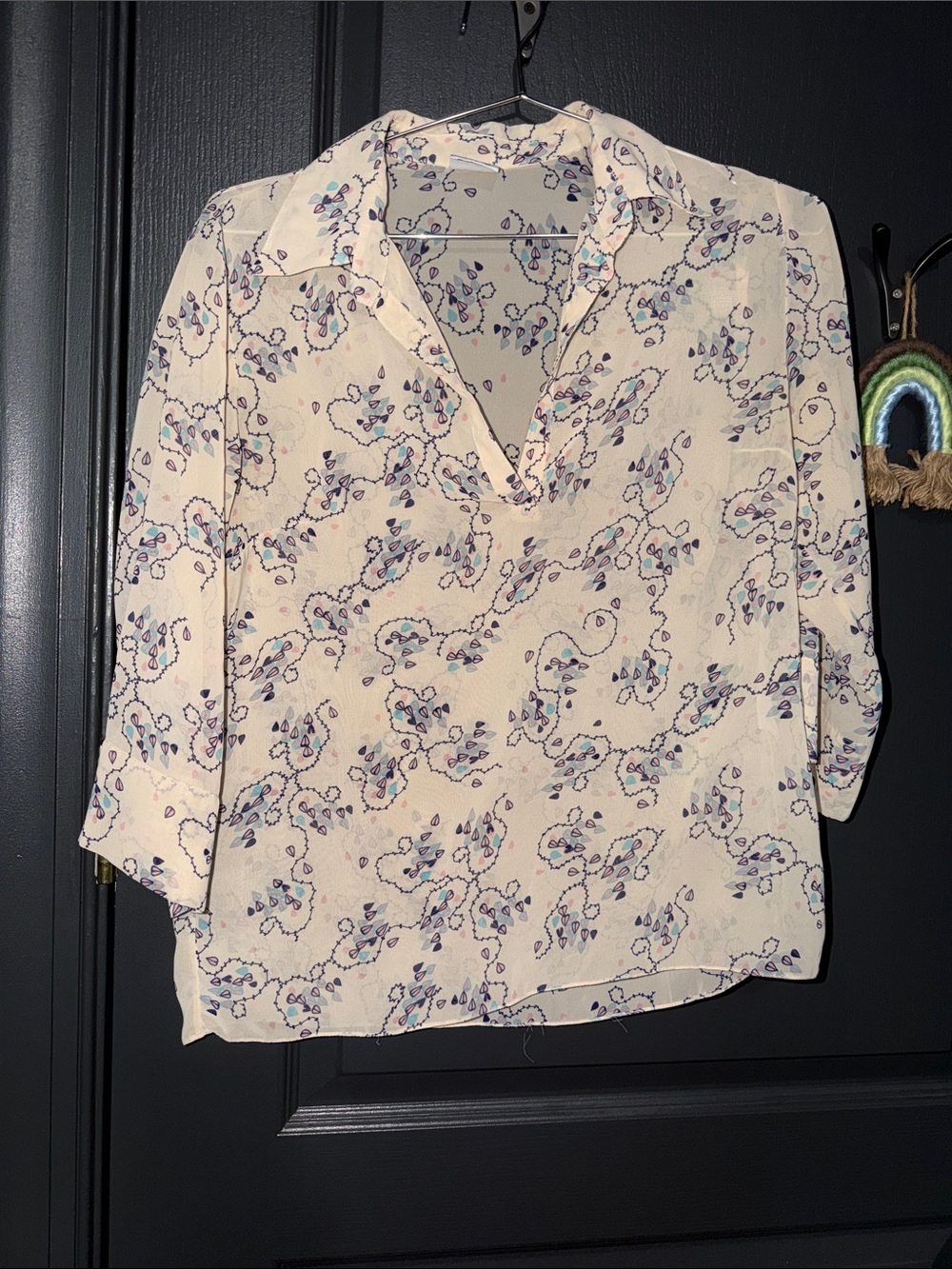 Women's Cream Floral Collared V-Neck Blouse